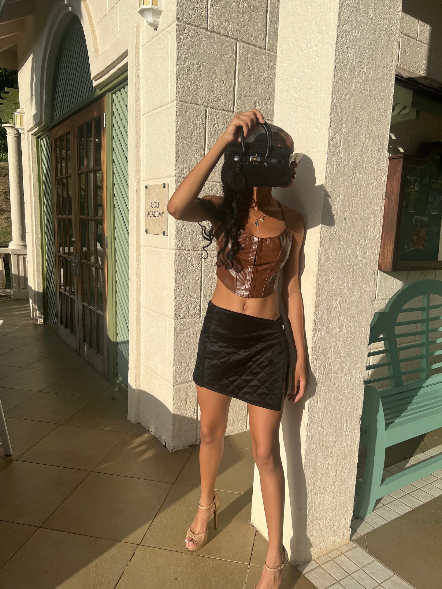 Lydia quilted black velvet skirt