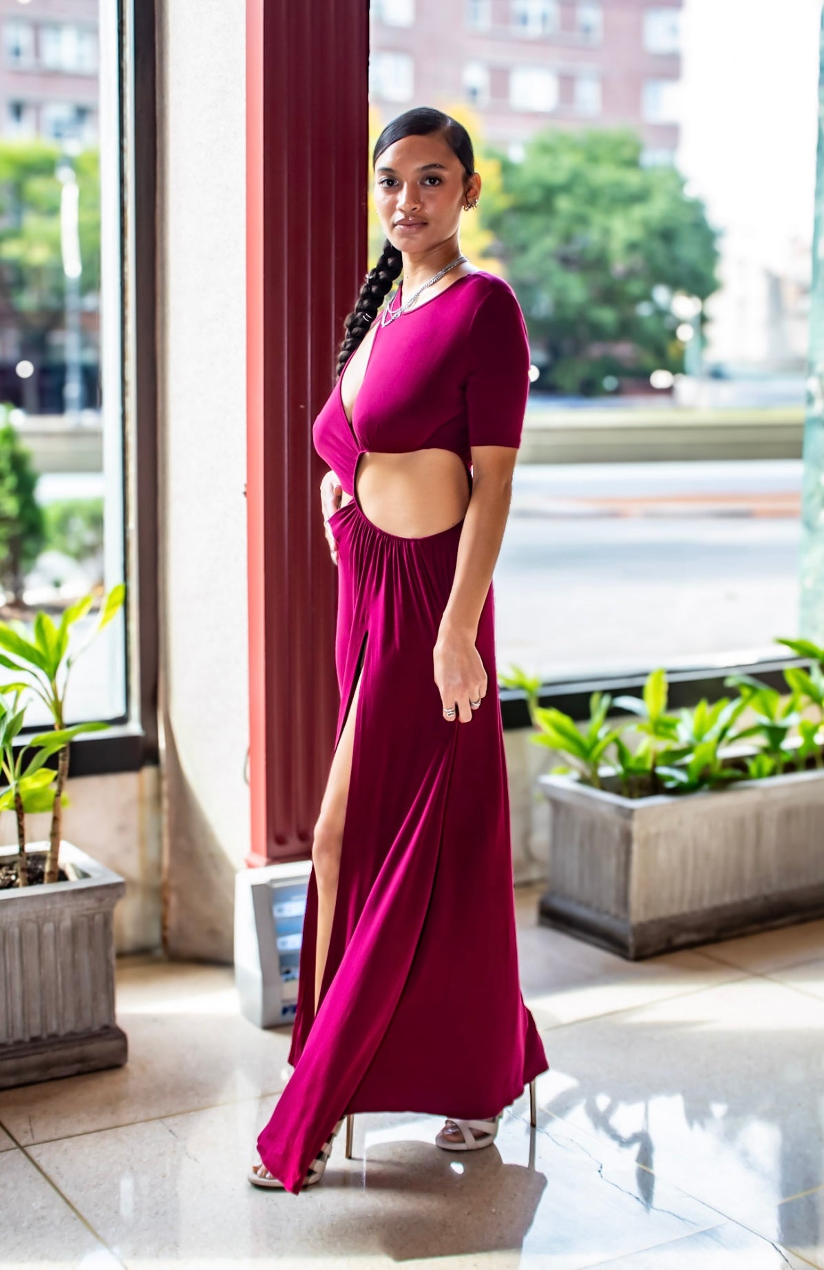 Autumn short sleeve cutout maxi dress