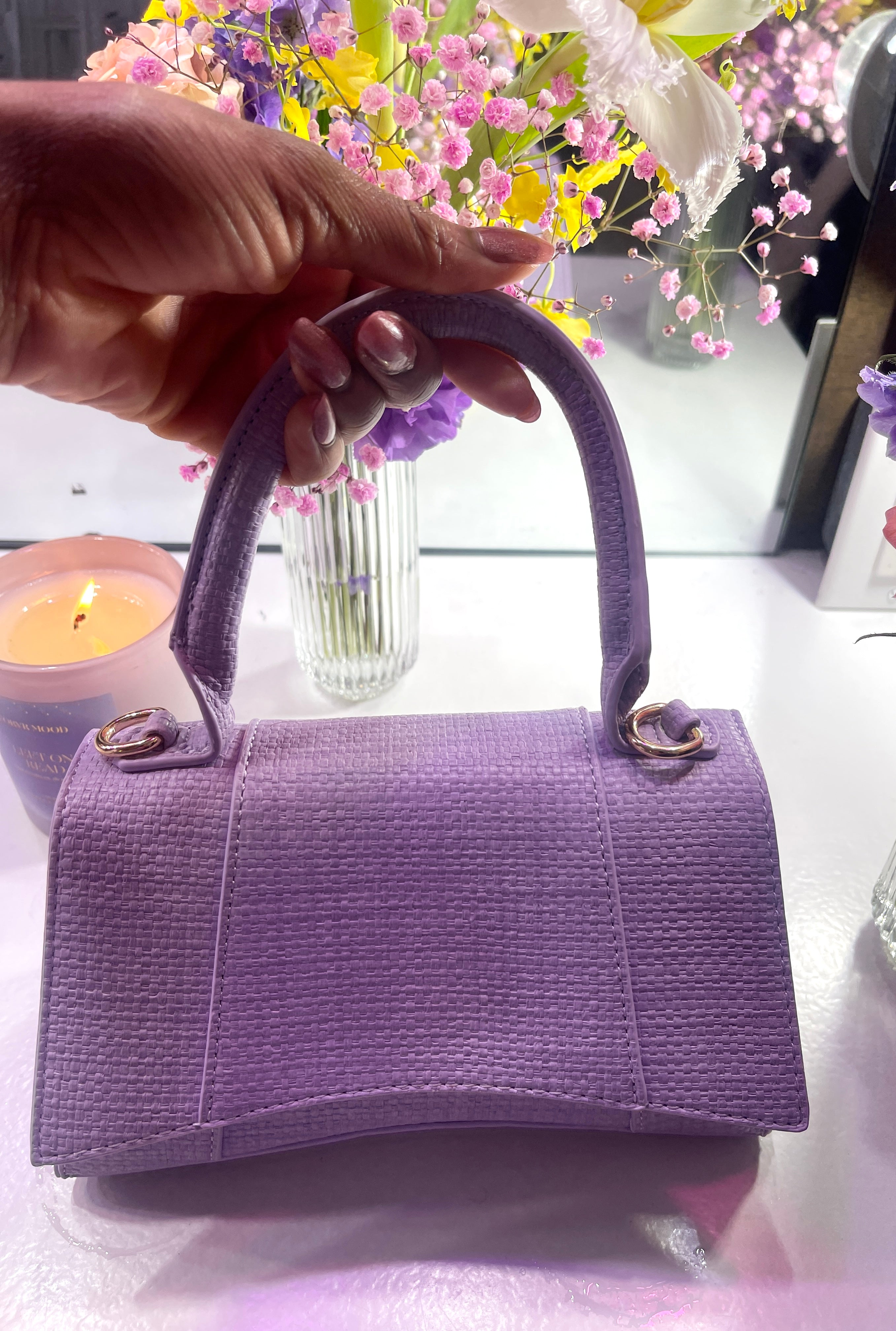 Buy Lilac Leaves Vegan Leather Baguette Bag Online On Zwende